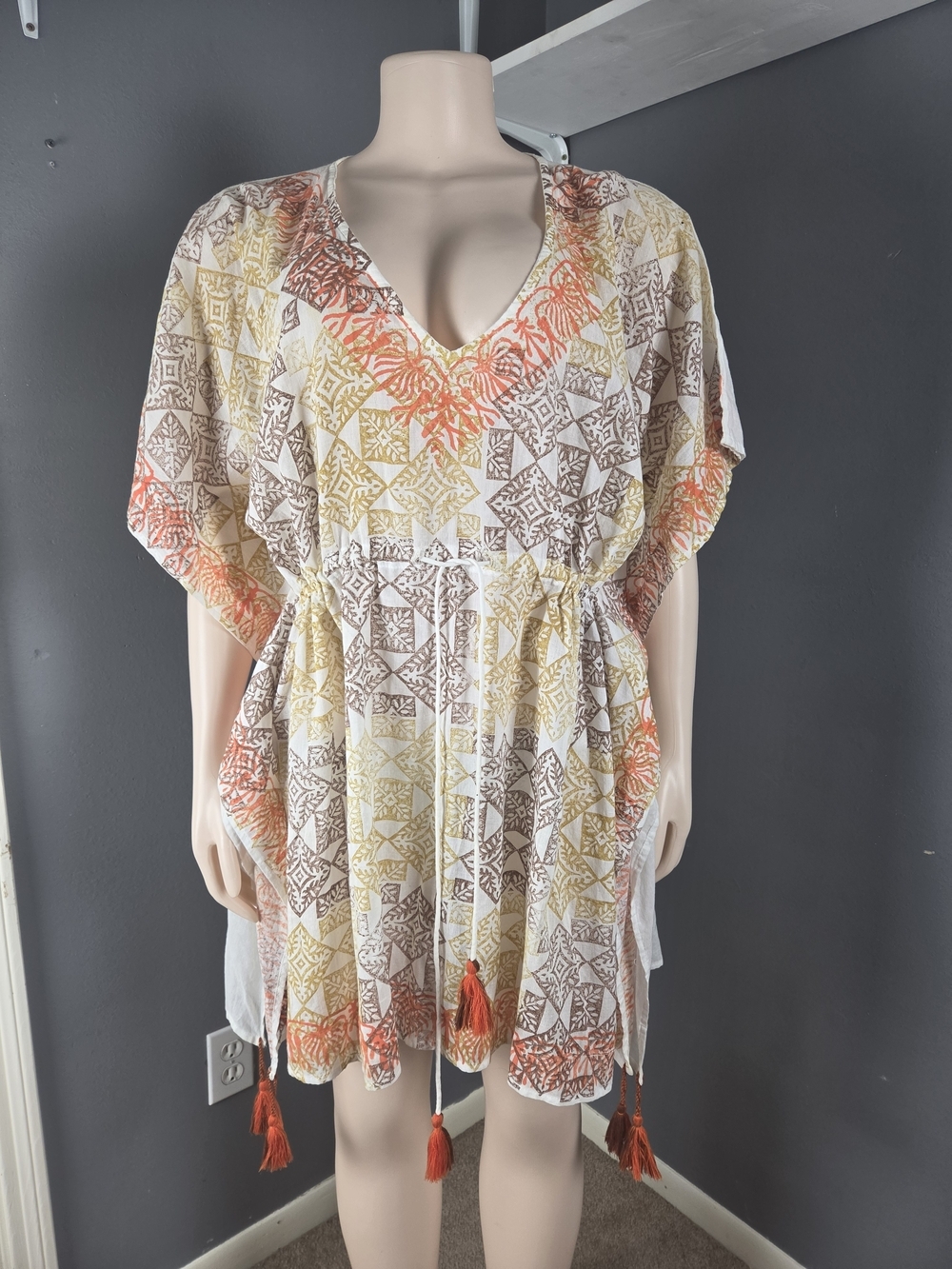Womens Asymmetrical V-Neck Tassel Tie Dress in Coral, Yellow & Brown